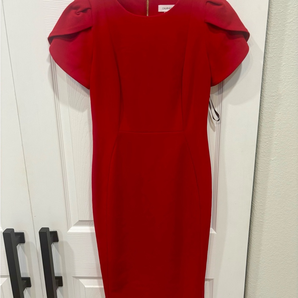 Calvin Klein Red Sheath Midi Dress with Flutter Sleeves
